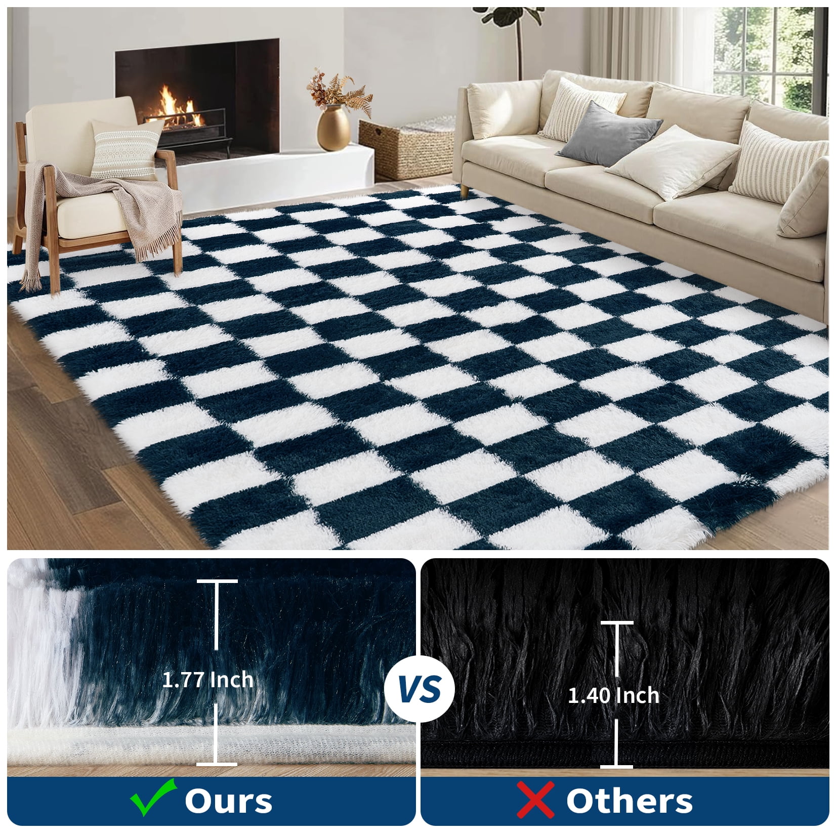 HOMERRY 2' x 6' Fluffy Runner for Kitchen Hallway Geometric Check Runner Rug Fuzzy High Pile Plush Carpet, Navy White