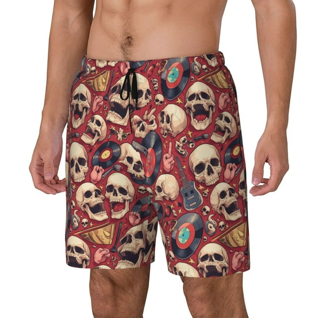 Bingfone Skull record Guitar music for Men's Double Layer Swimming Trunks with Lining, Drawstring Style with Pockets Beach Shorts Men's Swimsuit-Small