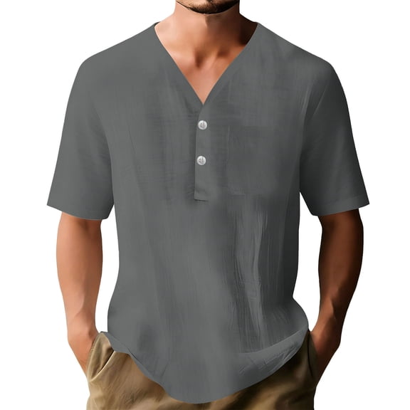 hotojiny Mens Casual Henley Shirt Cotton Linen Short Sleeve V Neck Shirts Fashion Summer Beach T-Shirts with Pockets