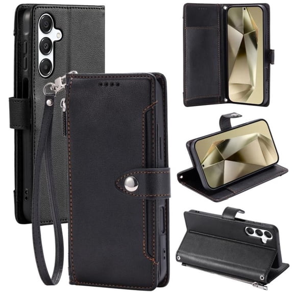Wallet Case for Samsung Galaxy S26 5G 6.7-inch, Litchi Leather Flip Zipper Purse Cover with Card Holder, Detachable Wristlet, Kickstand Shockproof Protective Phone Case,Black,For Galaxy S26 (5G)
