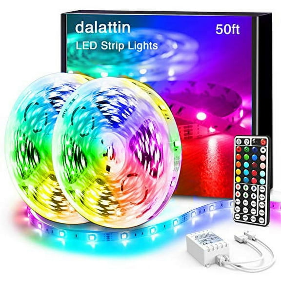Dalattin Led Lights For Bedroom 50Ft Rgb 5050 Led Strip Lights Color Changing Kit With 44 Keys Remote Controller And 12V Power Supply Led Light Strips Indoor Decoration