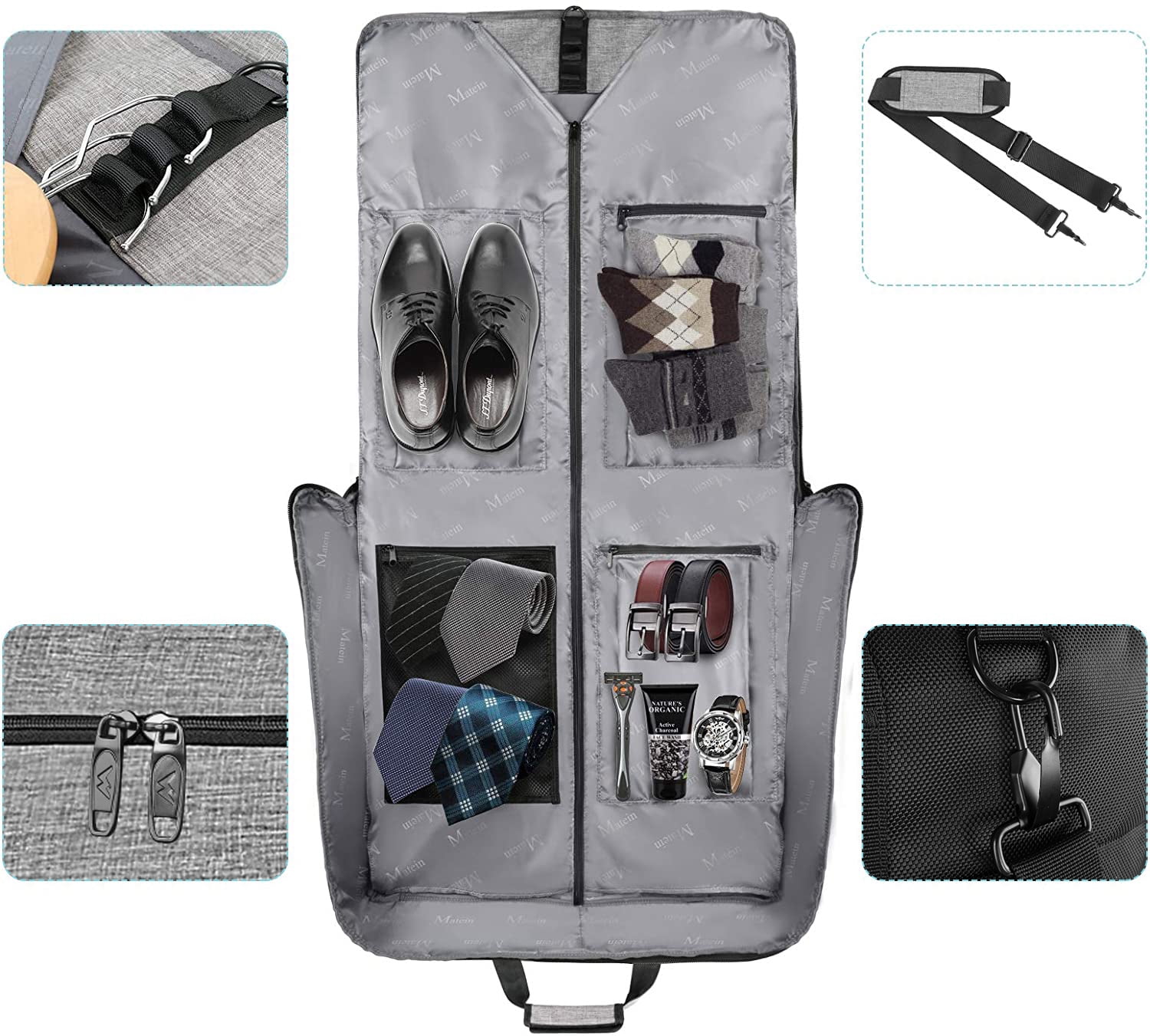 Matein Large Carry on Garment Bags for Travel, Water Resistant Hanging Suit Bag for Men Women, Gray