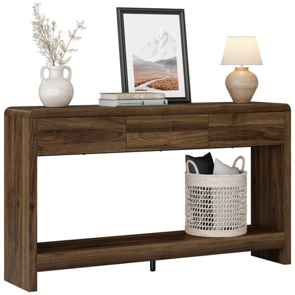 Laintene 55" Console Table with 3 Drawers, Entryway Tables with Storage, Sofa Table Behind The Couch, Mid-Century Foyer Table for Entryway, Hallway, Living Room, Walnut