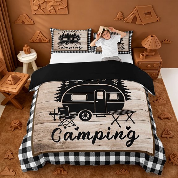 Catabedysis Plaid Camping Bedding,Camper Silhouette Print Duvet Cover Full For Boys,Multicolor,Black Reversible,3-Piece,1 Duvet Cover and 2 Pillowcases