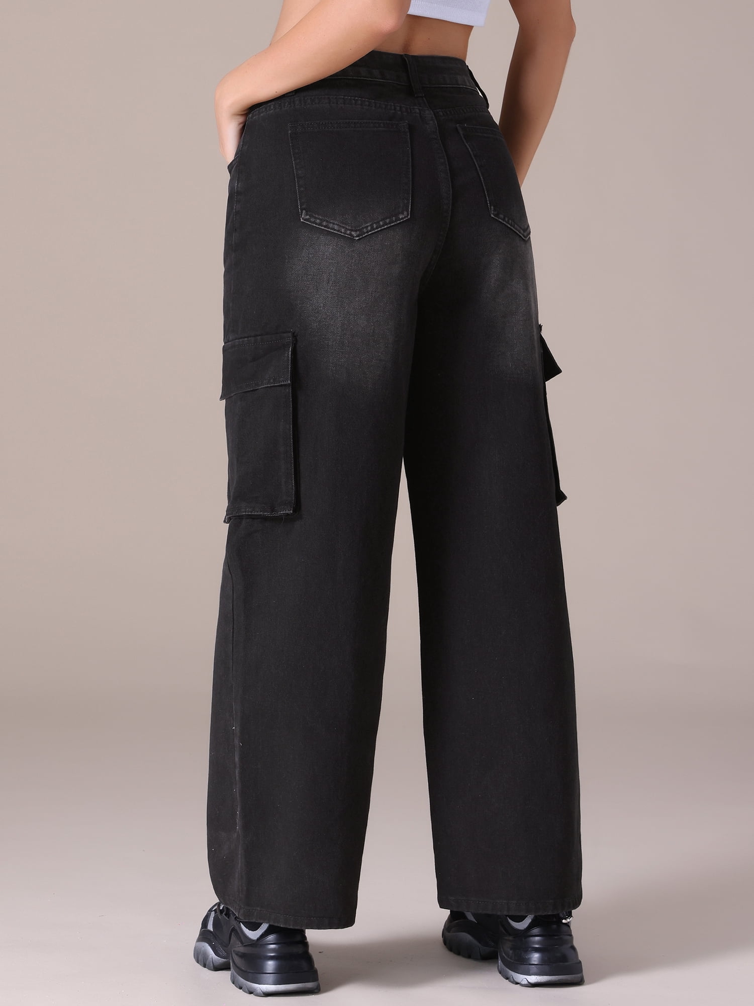 Unique Bargains Women's High Waisted Casual Wide Leg Baggy Denim Pants XL Black
