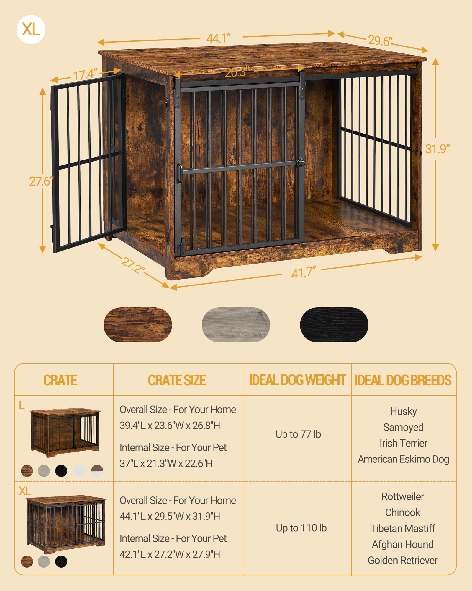 Hzuaneri Heavy-Duty Furniture Style Dog Crate, Double Doors, Metal