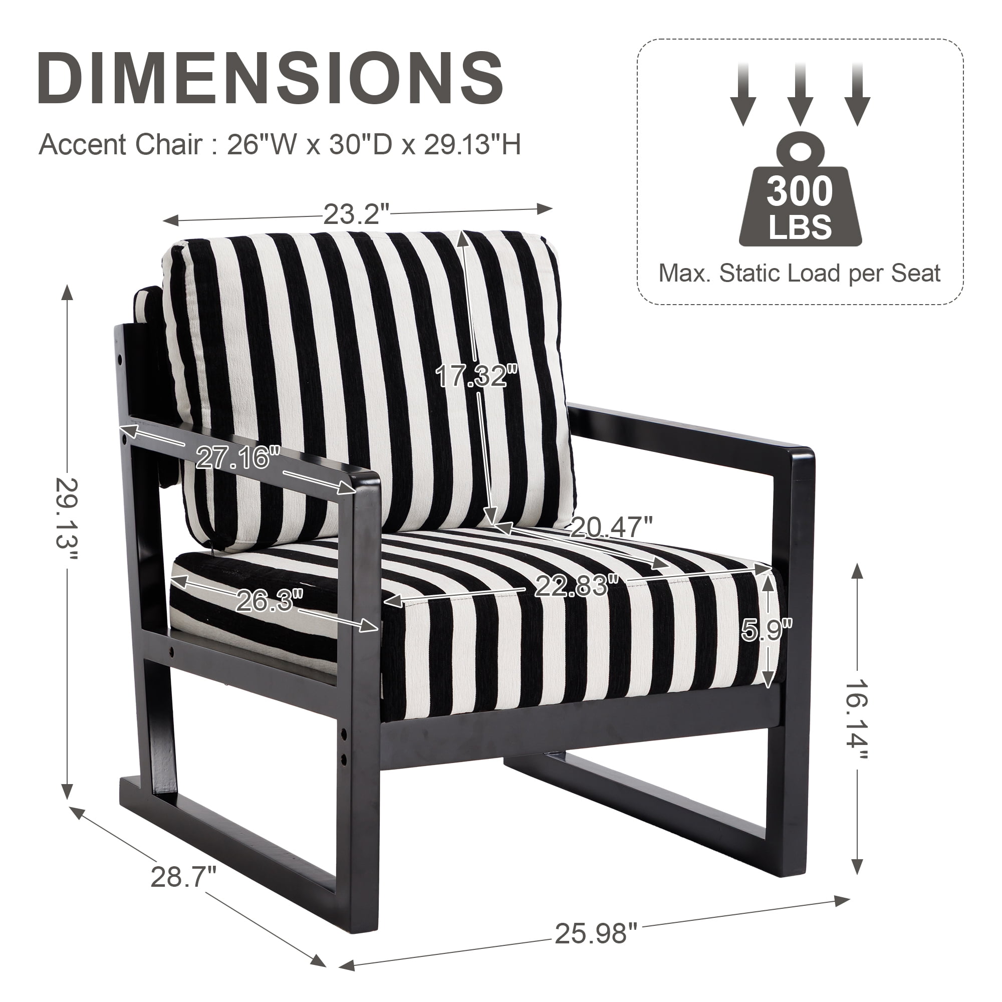 Leumius Modern Fabric Lounge Chair, Single Sofa Chair with Armrests, Upholstered Lounge Chair with Wooden Frame, Suitable for Living Room Bedroom Study,Black and White Stripes