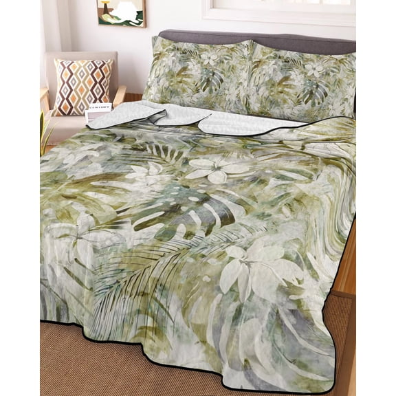 Tropical Leaf Queen Size Down Alternative Comforter, Lightweight Comforter Quilt Bedding Set with Pillow Shams Palm Leaves Plants Vintage Spring Green All Seasons Bed Comforter Duvet Insert 90"x96"