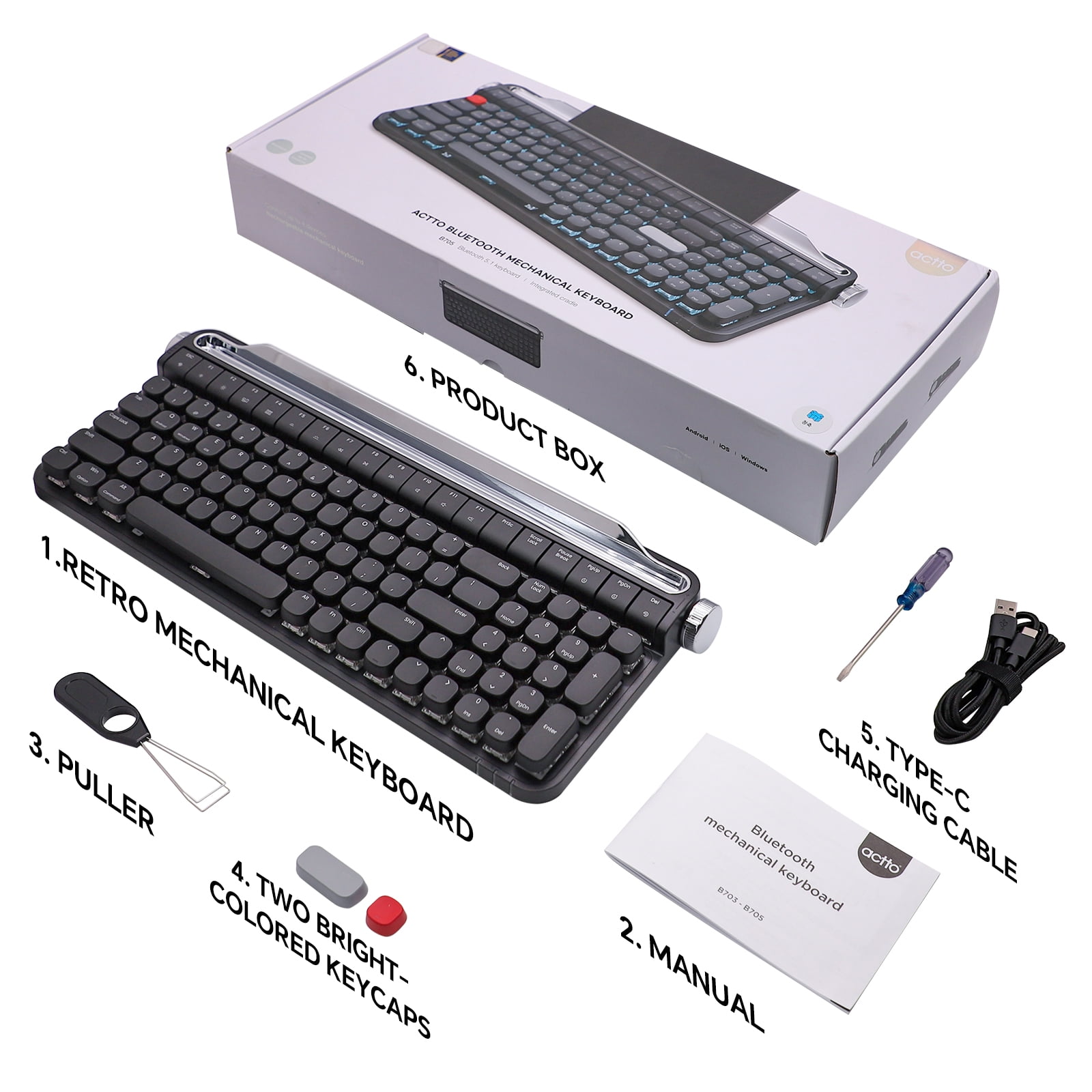 ACTTO B705 Retro Mechanical Keyboard, Black, Dual-Mode Bluetooth & Wired, Knob & Stand, Blue Switch, RGB Backlight, for Gaming & Office