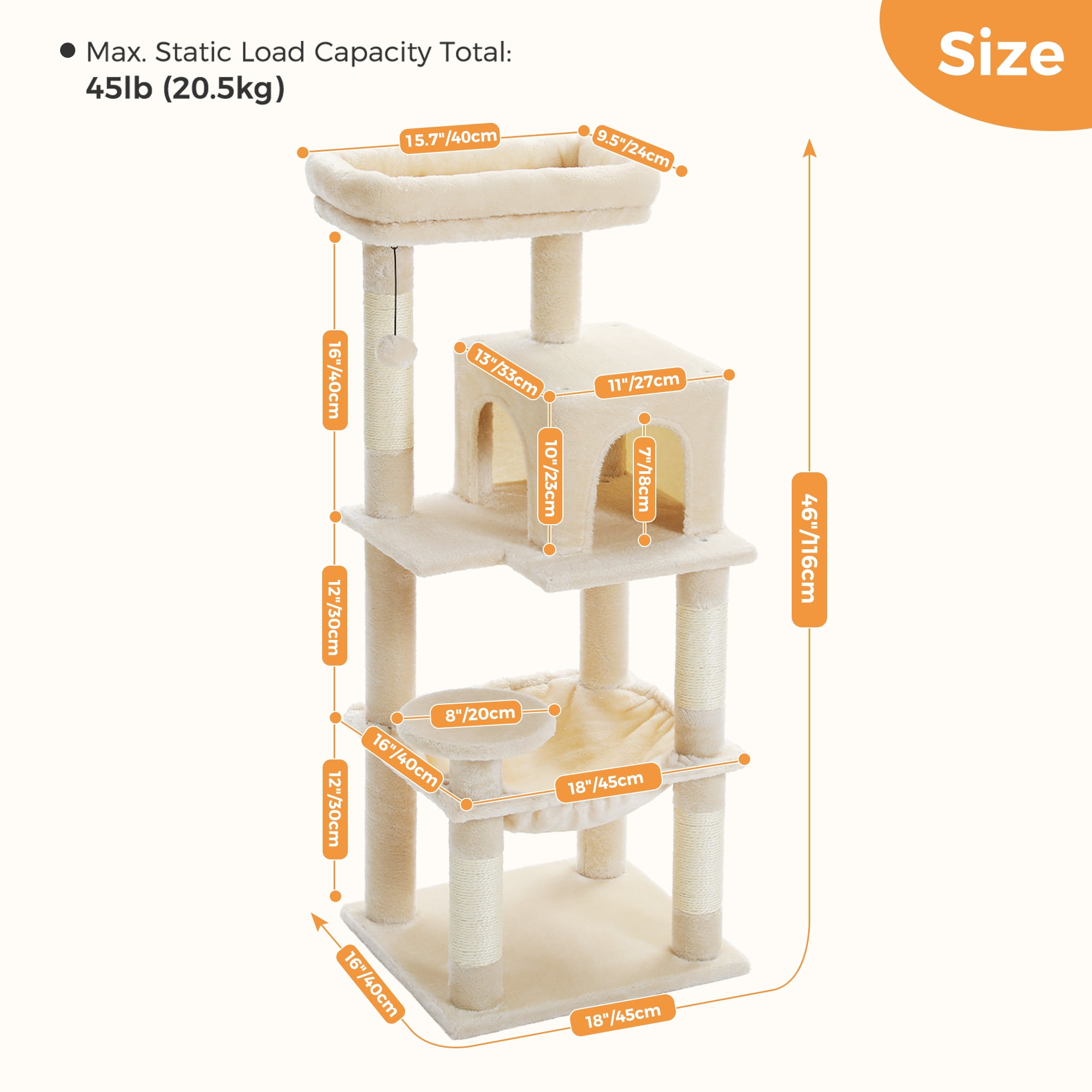 PEQULTI 45.7" Multi-Level Cat Tree Large Cat Tower Indoor with Condo and Hommock Dark Beige