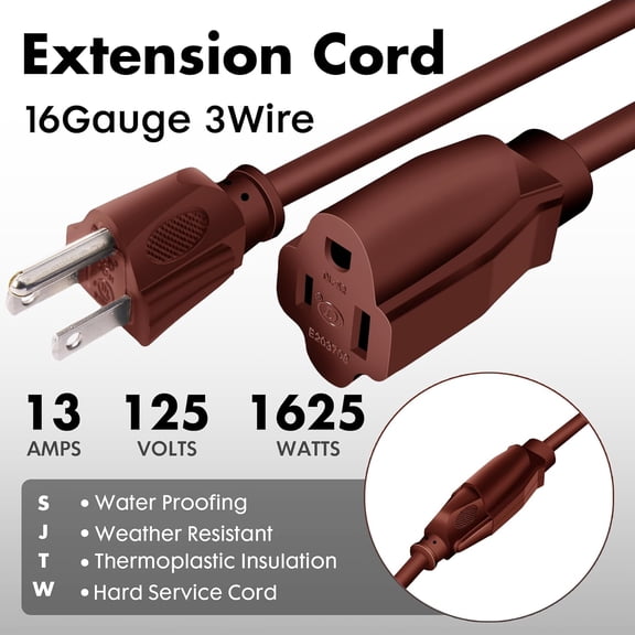 OTGFRF-30ft Brown Outdoor Extension Cord Waterproof, UL Listed, 16/3 SJTW Heavy Duty 3 Prong, 16 Gauge 13A Power Cord Ideal for Indoor Outdoor Lights, Appliances, and Lawn