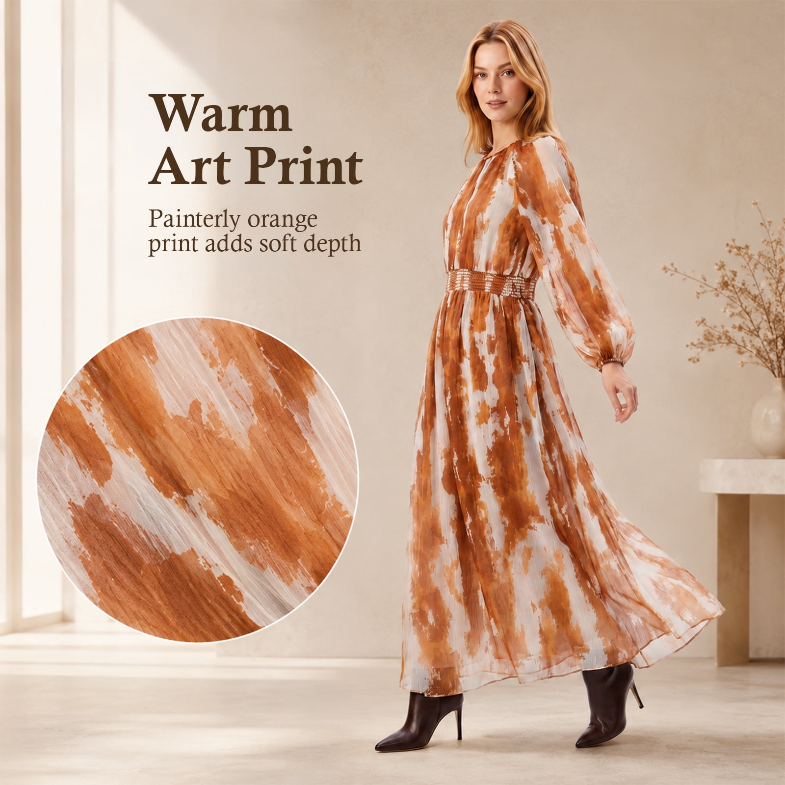 Alvantor Women's Smocked Waist Long Sleeve Maxi Dress, Orange Multi