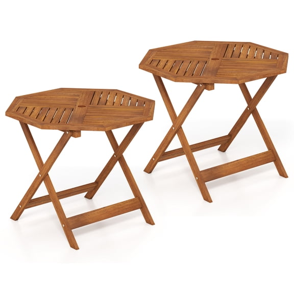 Gymax 2PCS 35.5'' Solid Wood Patio Dining Table w/1.97'' Umbrella Hole Slatted Tabletop