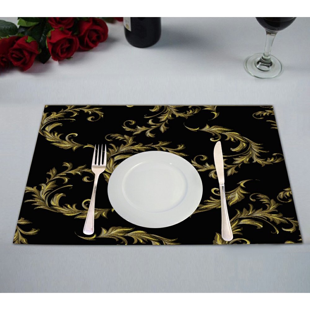 ABPHQTO Baroque Gold Scrolls Black Placemat 12x18 Inch,Set of 2 Table