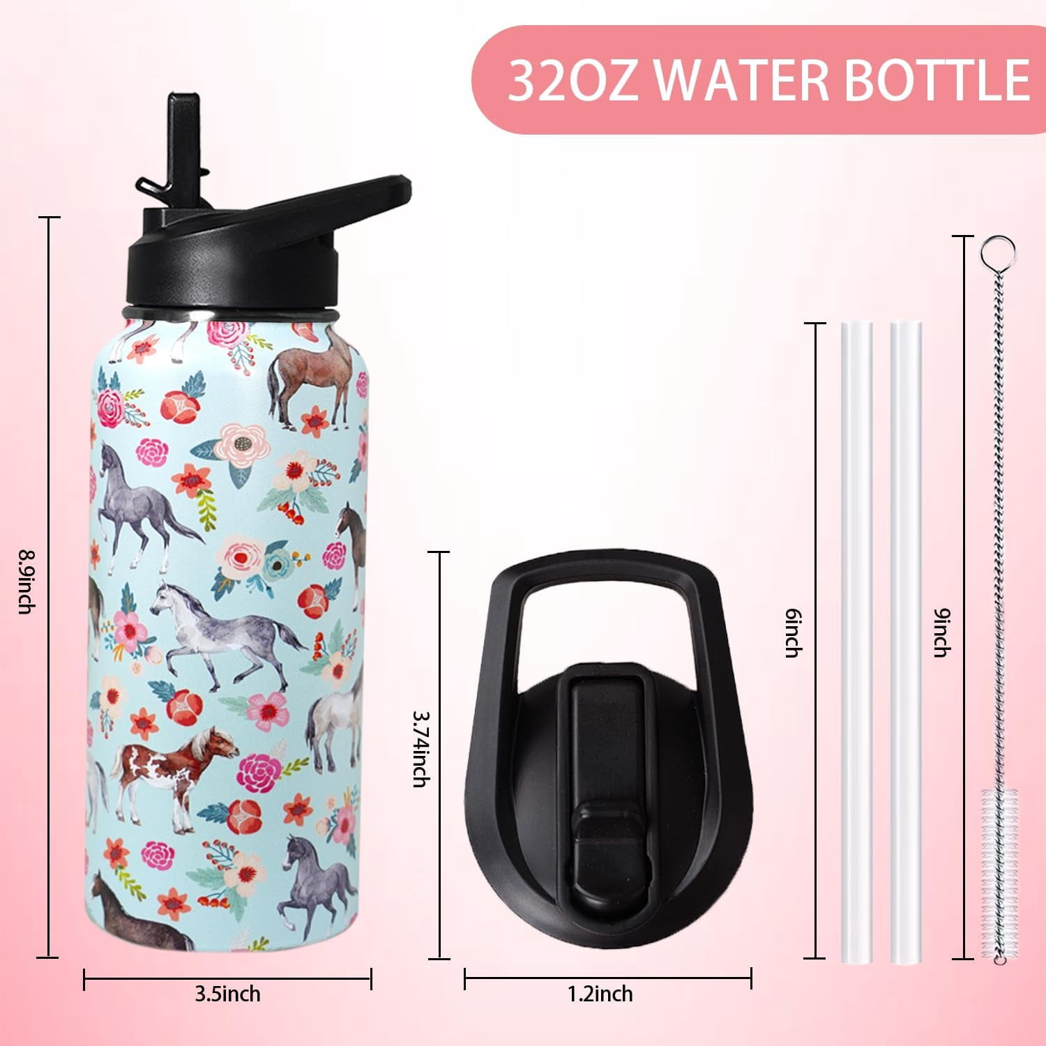 32oz Horse Stainless Insulated Aater Water Bottle with Straw,Horse Gym Hiking Sports Coffee Mug Cup Water Bottles,Horse Gifts for Women,Horse Decor Stuff Accessories
