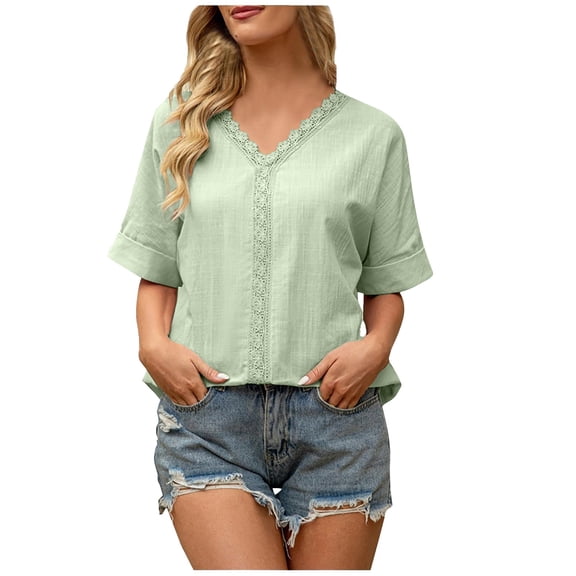 yunLCZ Women's T-shirts Everyday Low Price Shirts For Women Trendy Summer Petal Short Sleeve V Neck Petite Tops Cute Lace Eyelet Blouses Casual Tee Breathable casual blouse loose fit