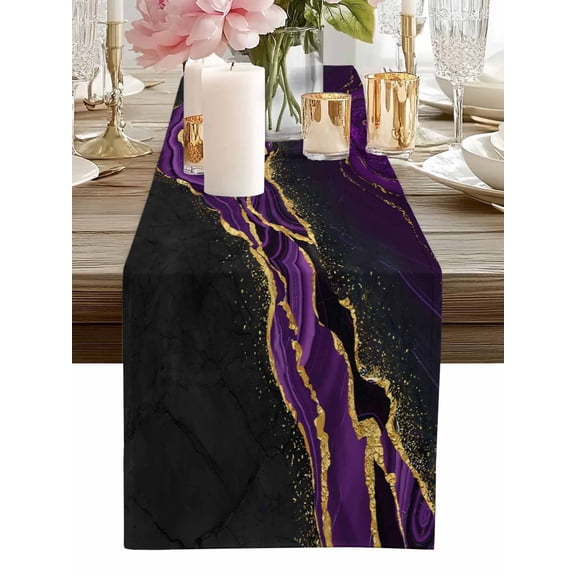 Table Runner Purple Abstract Marble Table Runners Black Malachite Gold Veins Cotton Linen Dresser Scarf Kitchen Dining Table Decor for Home Dinner Party Decor 13x72 Inch