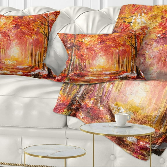 Designart Autumn Forest in Red Shade - Landscape Printed Throw Pillow - 12x20