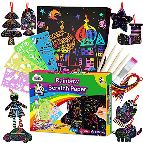 Scratch & Sketch Art Crafts for Kids & Adult Scratch Drawing Pen Engraving Art Set: 4 Sheets Designed Scratch Cards 2 Sheets Blank Black Paper Magic Rainbow Painting Scratchboards Clean Brush