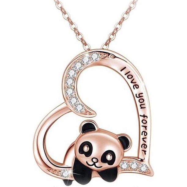 Collar de panda en forma de corazón para mujer, colgante de diamantes de imitación, collar de panda de moda, corazón hueco, panda, letras ajustables, joyería, regalos, oro rosa, 45 cm/1