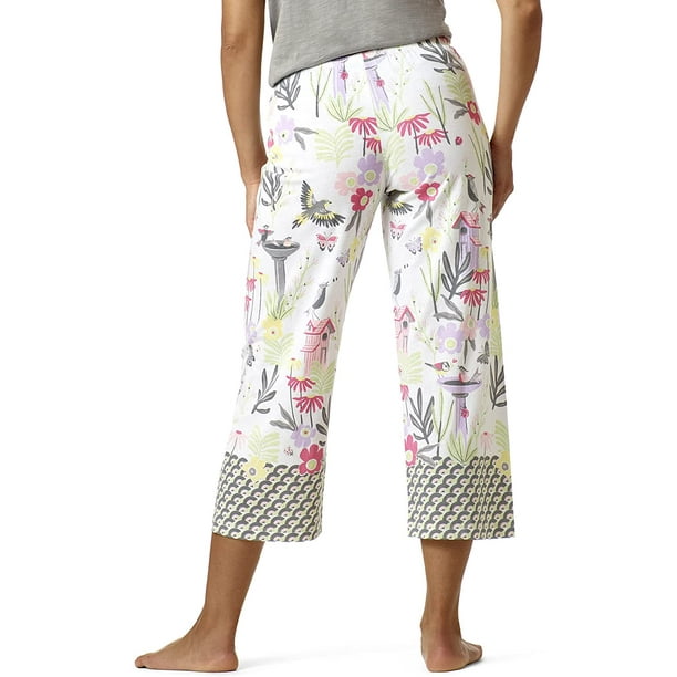 HUE womens Printed Knit Capri Sleep Pant Pajama Bottom, White - Garden,  Medium US 