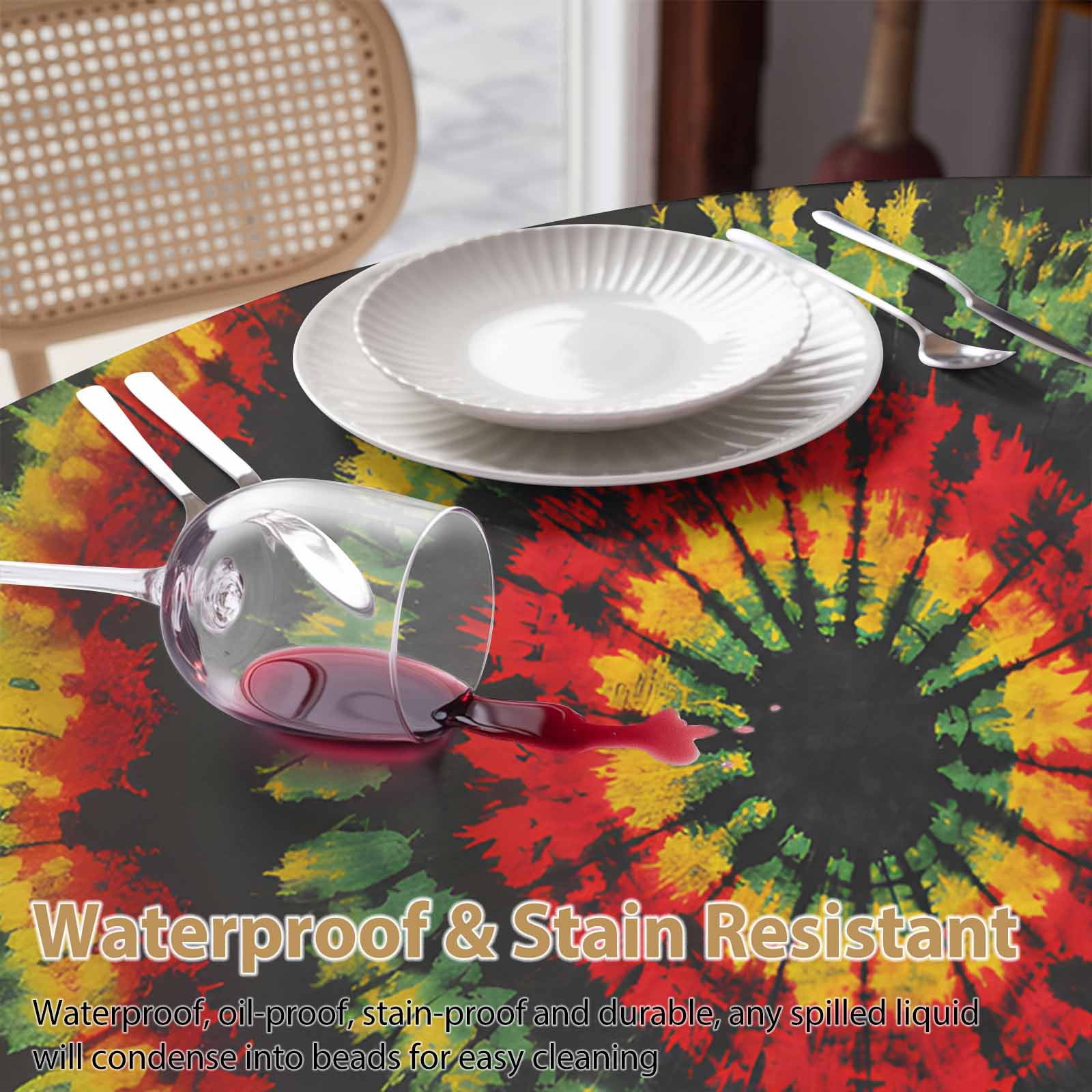 Round Tablecloth Abstract Ethnic Tie Dye Waterproof Oil Proof Polyester Table Cloth Cover Decor for Home Dining Outdoor,Patio,Parties, 60" Dia. Red Green Yellow Black