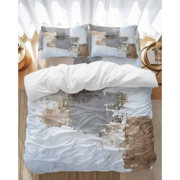 Grey Brown Bedding Duvet Cover Set Queen Size 4 Pieces Abstract Art Vintage Mottled Graffiti Modern Bedding Set with Zipper Closure, 1 Comforter Cover 90x92 Inches 1 Flat Sheet & 2 Pillow Cases