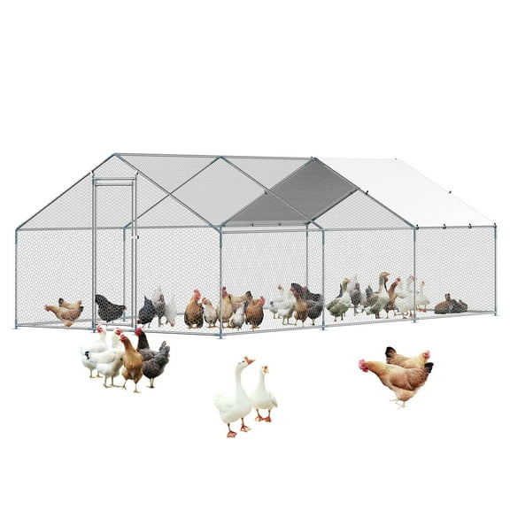 VEVOR Metal Chicken Coop, 9.8x19.6x6.5 ft Large Walk-in Chicken Runs with Cover, Spire Roof Hen House Enclosure with Security Lock, Outdoor Duck Rabbit Cage Poultry Pen for Backyard, Farm, Yard