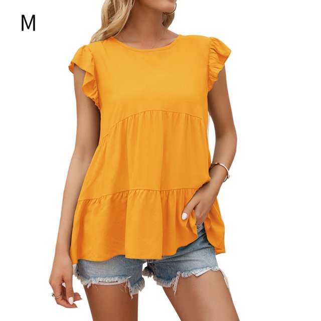 T-shirt Femme Été Dentelle Col Rond Manches Courtes Décontracté en Vrac Top, Jaune, M