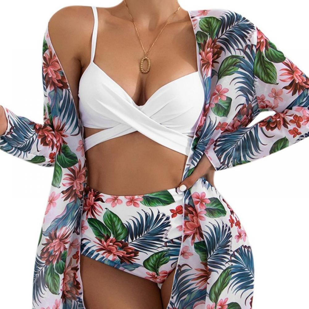 Alvage Women 3 Piece High Waisted Swimsuit with Cover Ups Printed Bikini Bathing Suits Floral Triangle High Waist Bikini - image 3 of 11
