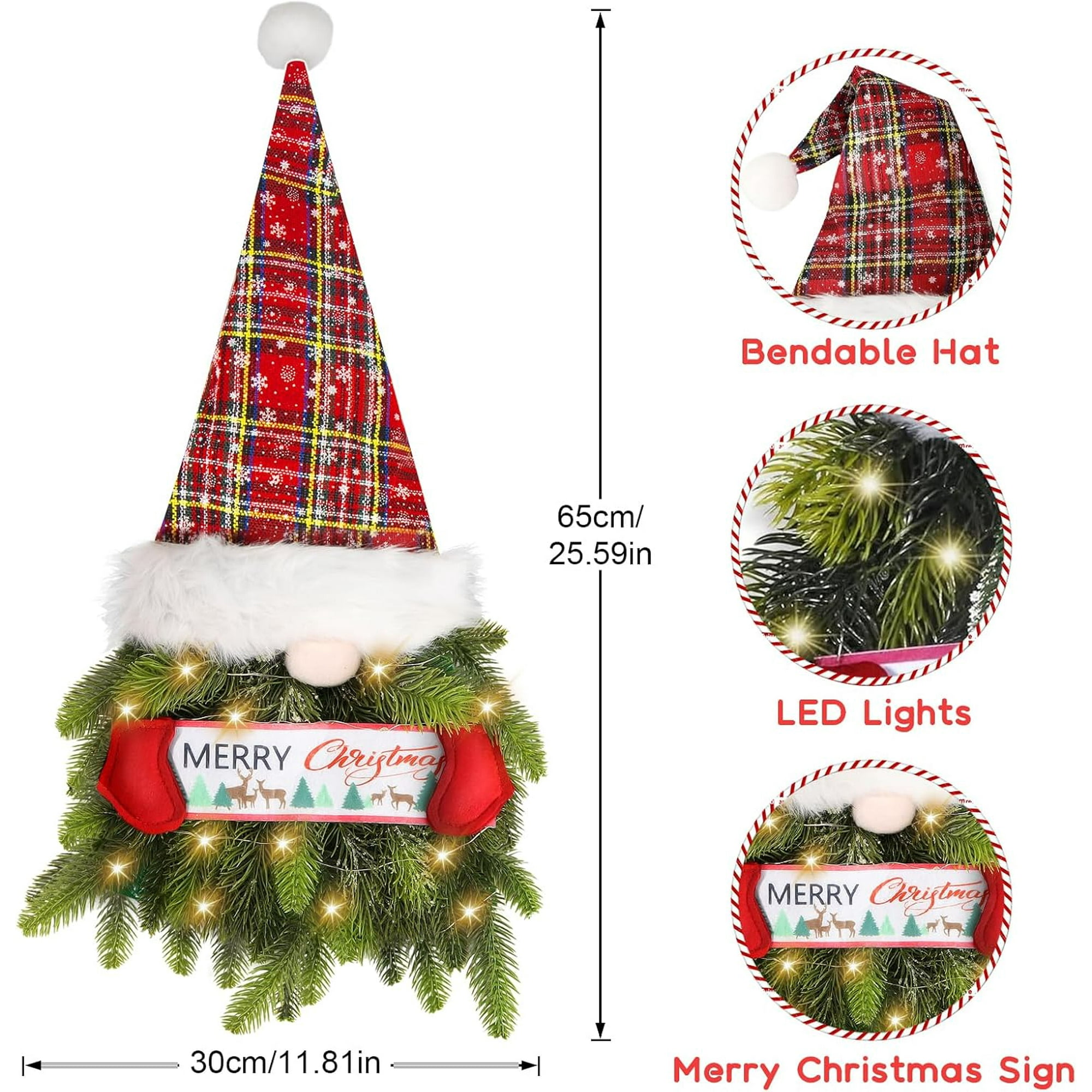 Couronne De Porte Gnome De Noël - Décoration Murale Avec Chapeaux Rayés - Pour Noël, Hanoucca, Thanksgiving - Maison