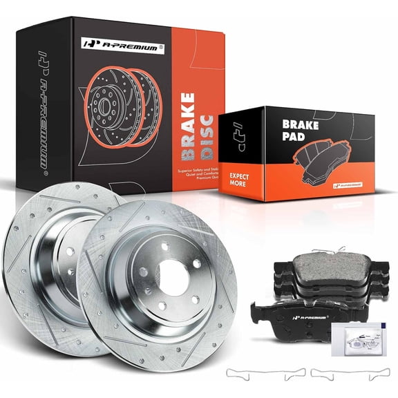 A-Premium 11.89 inch (302mm) Rear Drilled and Slotted Disc Brake Rotors   Ceramic Pads Kit Compatible with Select Ford, Lincoln Models - Fusion 2013-2020, MKZ 2013-2016, 6-PC Set