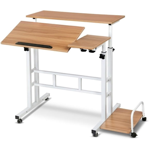 Mobile Standing Desk with Adjustable Height – Large Workspace and Charging Station – Rolling, Locking Casters – Light walnut