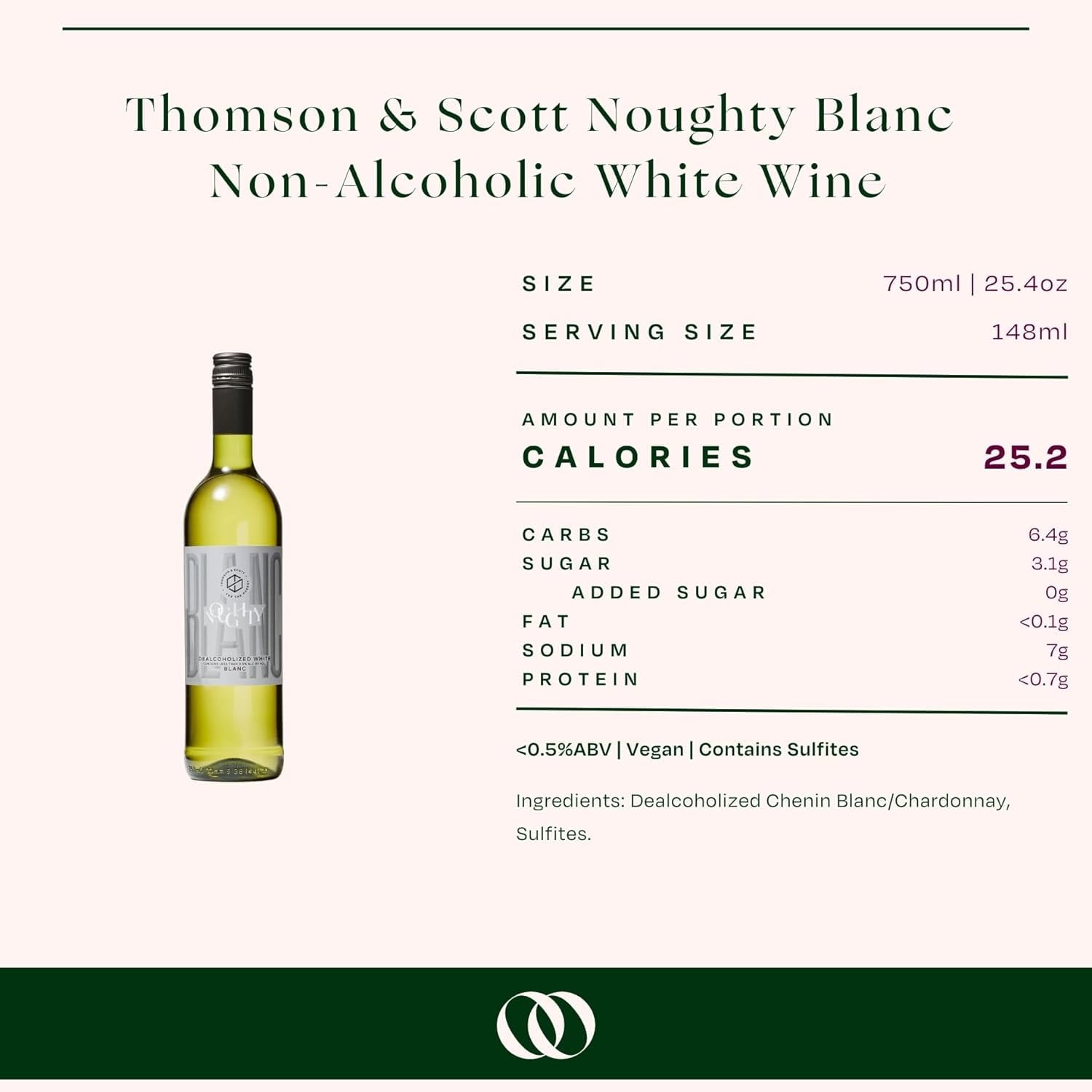 Noughty Blanc  Non Alcoholic White Wine, Dry, Medium Acidity, Organic, Dealcoholized Chenin Blanc & Chardonnay, <0.5% ABV, 750ml  Bottle
