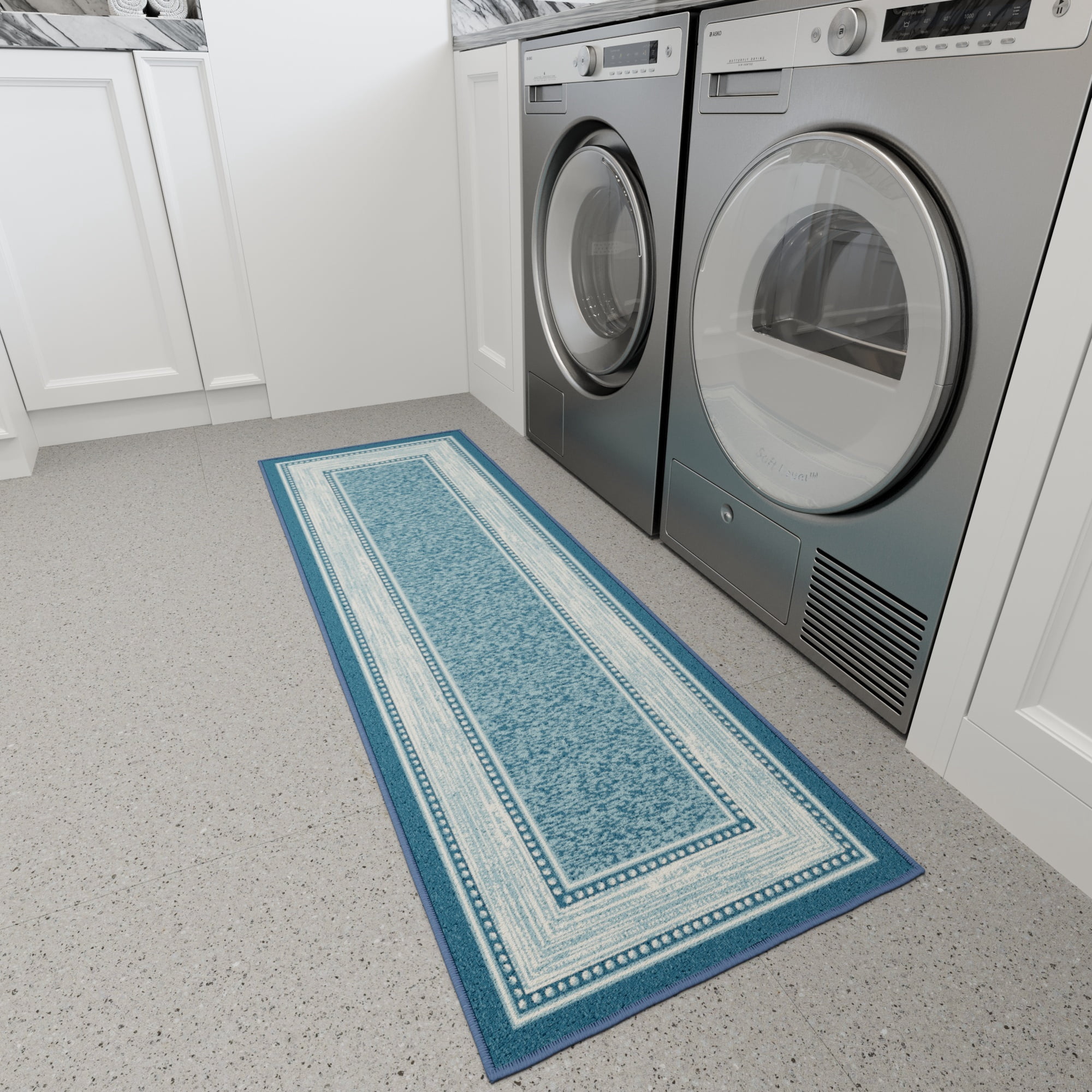 Ottomanson Border Bathroom Runner Rug 20" x 59" - Non Slip Low Pile Carpet, Blue