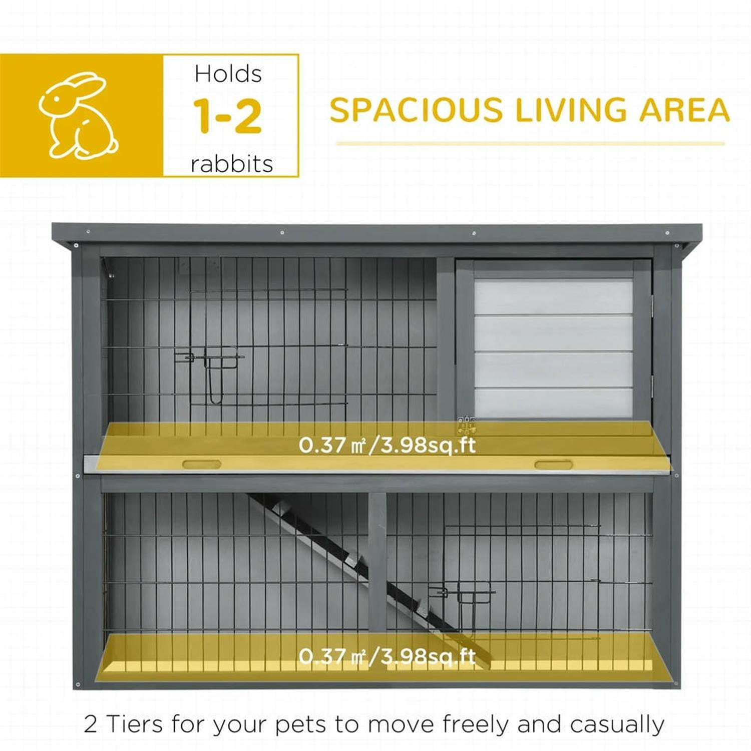 resenkos 43" 2-Story Wooden Rabbit Hutch with Slide-out Tray, Outdoor Small Animal Habitat Enclosure Bunny Cage for Bunnies, Guinea Pigs, Gray