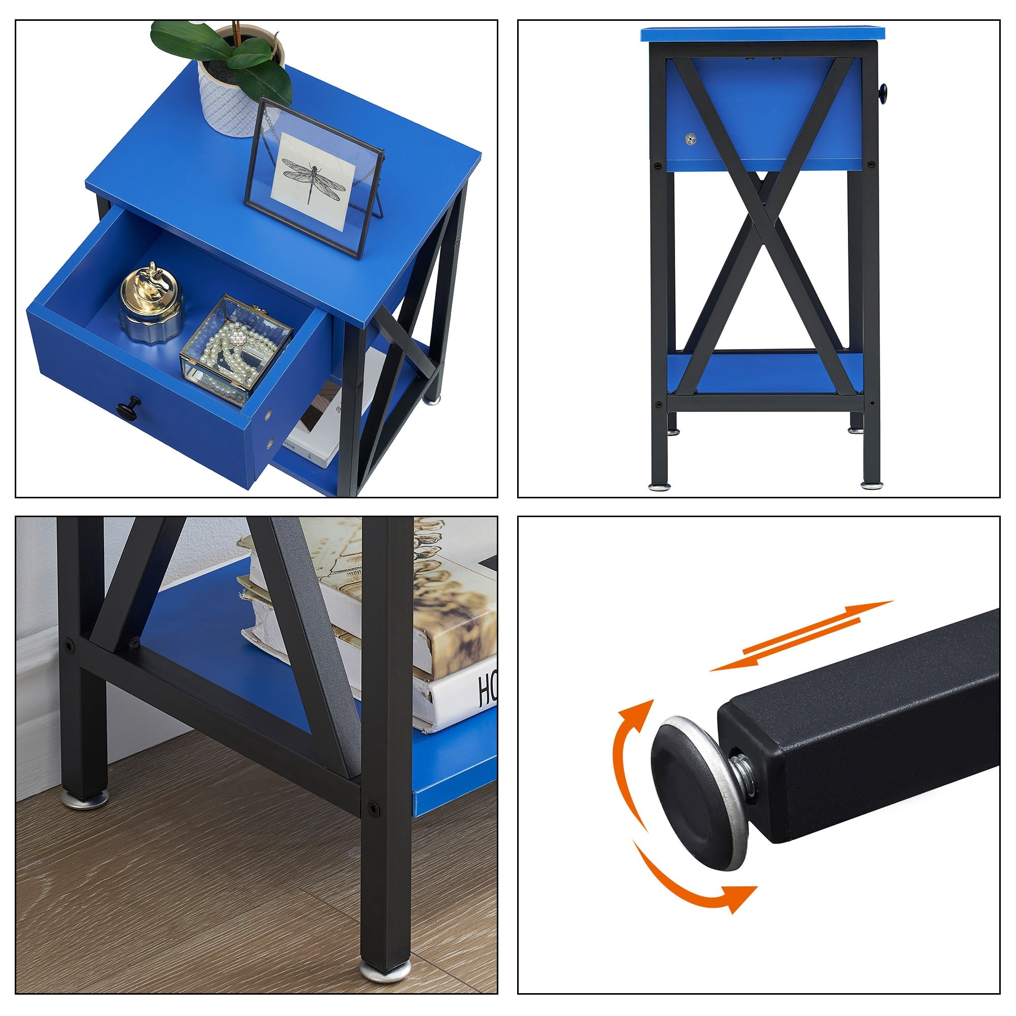 VECELO Industrial Nightstand, Set of 2, Dark Blue