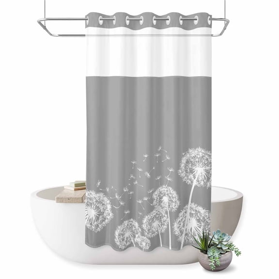 No Hook Shower Curtain, White Dandelion Shower Curtains for Bathroom with See Through Top Window, Spring Plants Flowers Vintage Gray Waterproof & Washable Bath Curtain Narrow 54"x78"