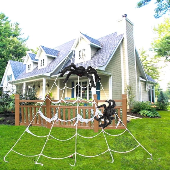 16.4ft Large Halloween Spider Web with 2 Giant Black Hairy Fake Spiders (33" 46") Outdoor Yard Haunted House Party Halloween Decor