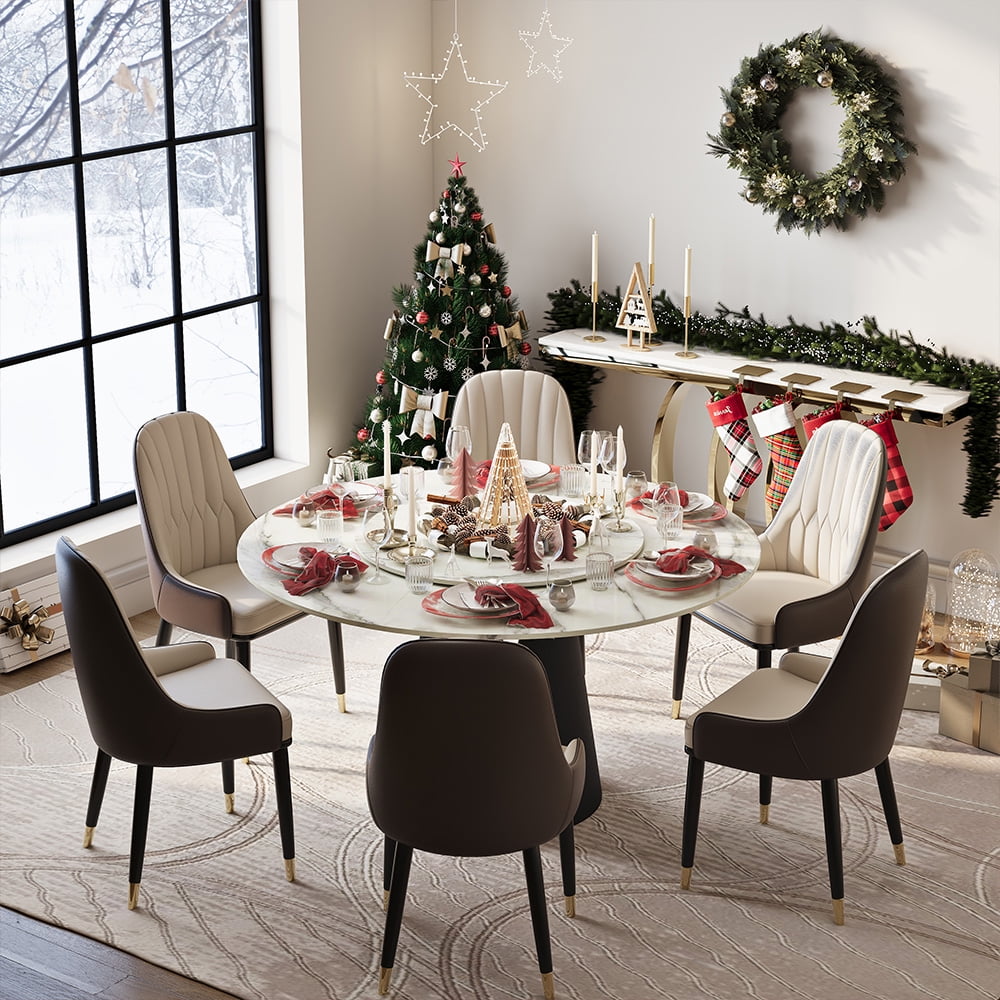 POVISON 47"Modern Round White Kitchen Dining Table For 4 With Lazy Susan, Glossy Sintered Stone Tabletop, Solid Black Carbon Steel Base