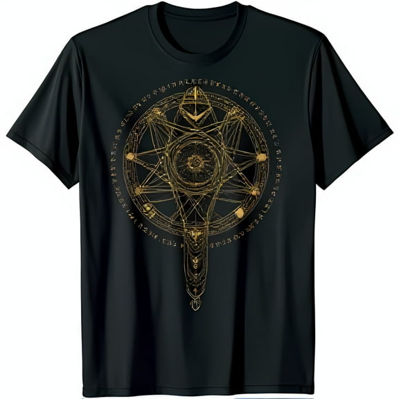 Intriguing Black T-Shirt with Enigmatic Fantasy & Occult Graphic Design