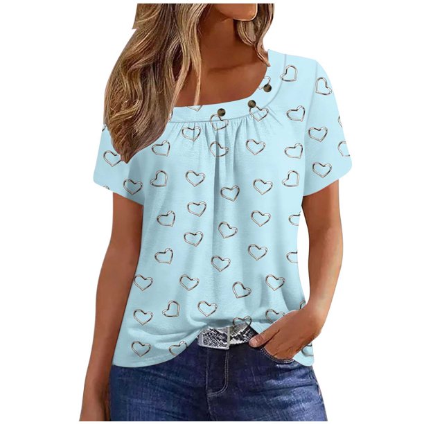 Fiudx Ofertas y Liquidaciones Camiseta Plisada de Manga Corta con Cuello Estampado para Mujer