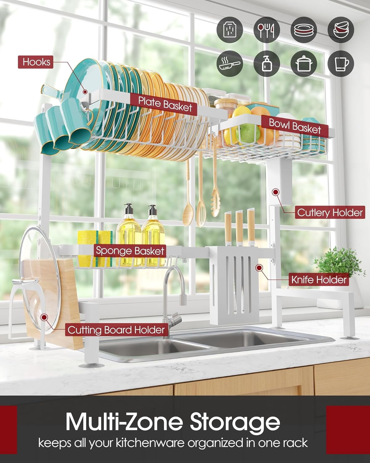 Sakugi Over The Sink Dish Drying Rack - Adjustable 2 Tier Large Capacity Stainless Steel Drainer with Cutlery & Utensil Holders, Kitchen Storage & Organization, 30"-33.9" L x 11" W x 21.5" H, Black