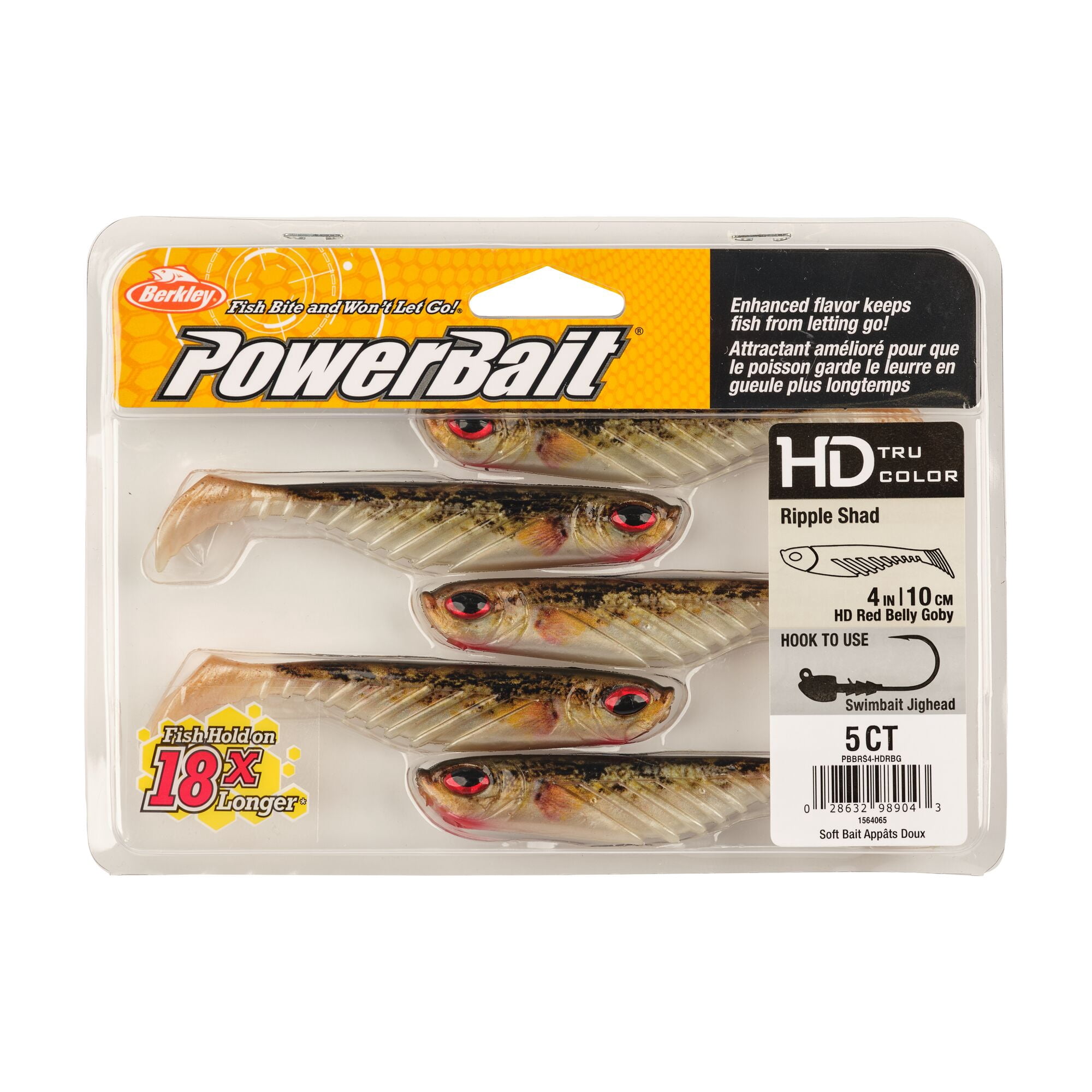 Berkley PowerBait® Ripple Shad, 4 in, Swimbaits, HD Red Belly Goby (5 Count)