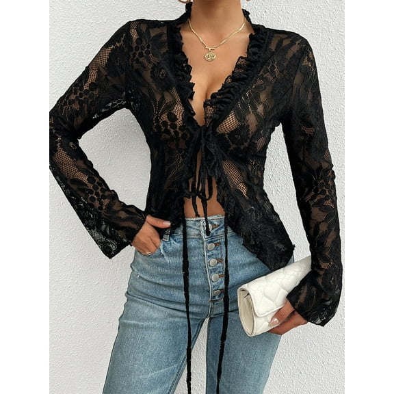 Women Lace Slim Fit Long Sleeve Tops Sexy Sheer Basic Tie Front Shirt