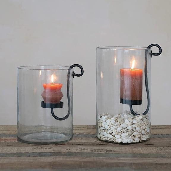 Glass Hurricane with Metal Candle Holder, Black, 12.5" H
