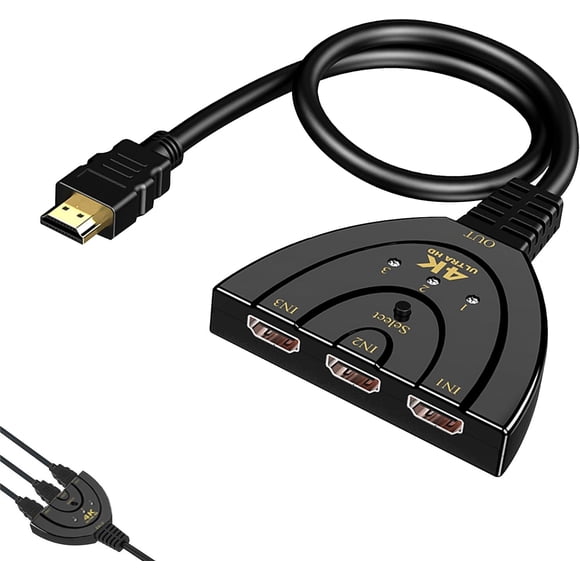 4K 3 Port HDMI Switch HDMI Switch 3 in 1 Out Splitter with Gold Plated Connectors Supports Full HD 1080p and 3D Manual Switcher for Multiple Devices Compatible with TV Xbox PS4 Blu-Ray