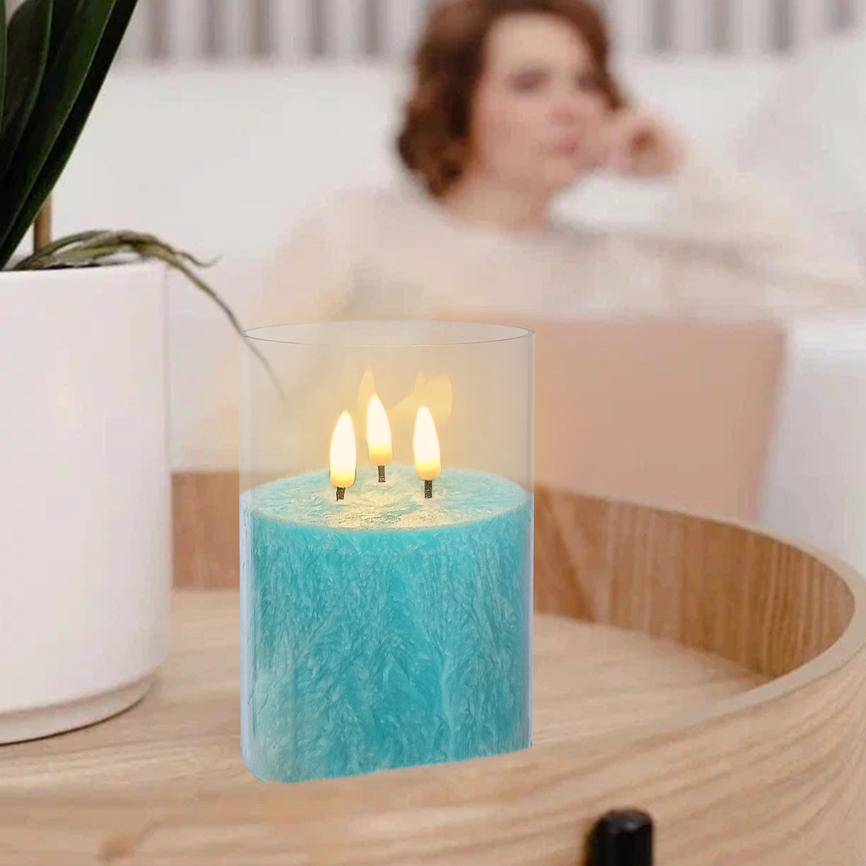 FCMSHAMD 5Inch Flameless Candle with 3 Wicks, Glass LED Pillar Candle, Real Wax Battery Operated Candle with Remote Control and Timer, Blue