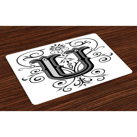 Letter U Placemats Set of 4 Victorian Style Rococo Letter U with Middle Eastern Floral Details Artwork, Washable Fabric Place Mats for Dining Room Kitchen Table Decor, Black Grey White, by