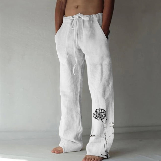 Pantalones largos de verano para hombre, de algodón y lino, con pierna ancha, estampados, con cordones, para deportes y vacaciones